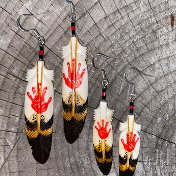 Painted Red Hand - Feather Bone Earrings