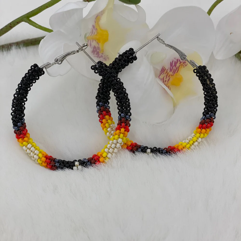 Black / Fire Color Beaded Hoops