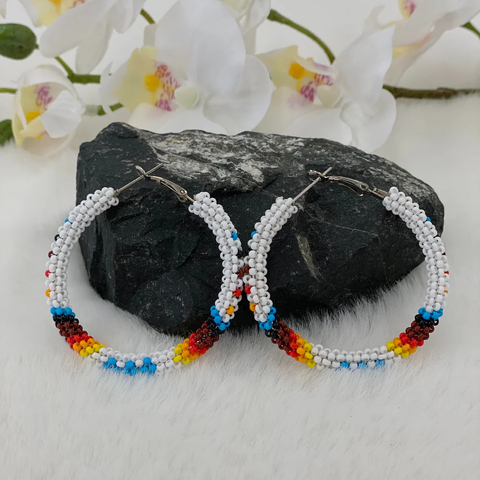 White / Fire Colors Beaded Hoops